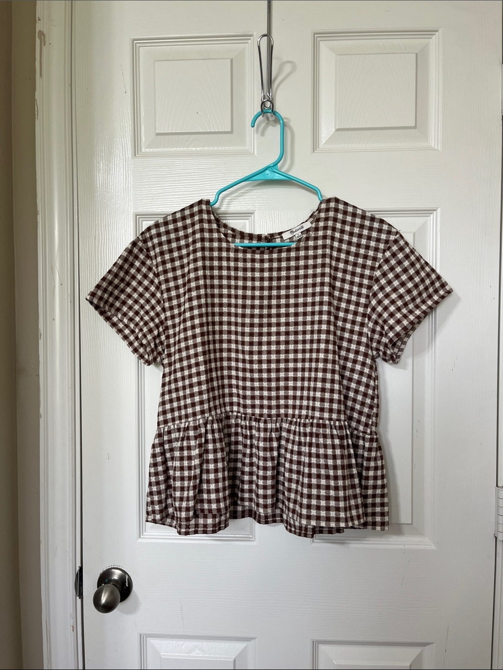 Madewell Brown and White Gingham Peplum Blouse